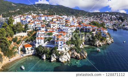 Greece travel destination scenic places - Skiathos island, Sporades. Popular tourist attraction - tradiotional old town  128871112
