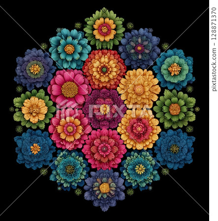 panel made of many different colored hexagons with various flower patterns in the center, on a black background. The pattern is symmetrical and geometri 128871370
