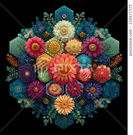 panel made of many different colored hexagons with various flower patterns in the center, on a black background. The pattern is symmetrical and geometri 128871372