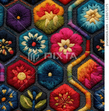 A Seamless pattern of colorful hexagonal flowers, each flower a different color and shape. The background is made of black fabric. 128871375