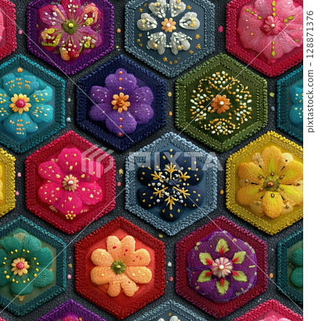 A Seamless pattern of colorful hexagonal flowers, each flower a different color and shape. The background is made of black fabric. 128871376