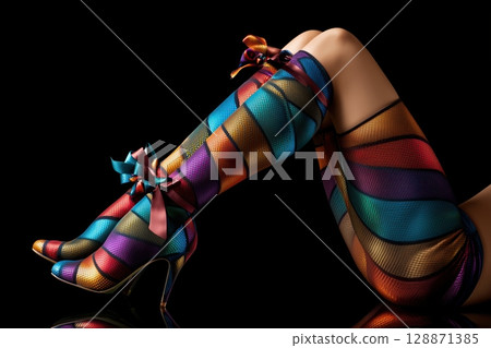 A female colorful fascinating long stockings isolated on black detail of legs of woman, no face 128871385