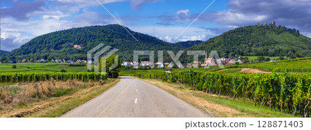 Alsace region of France - famous "wine route" road popular tourist destinations. beautiful vineyards and traditional village Husseren les chateaux Alsace region of France - famous "wine route" road popular tourist destinations. beautiful vineyards and traditional village Husseren les chateaux 128871403