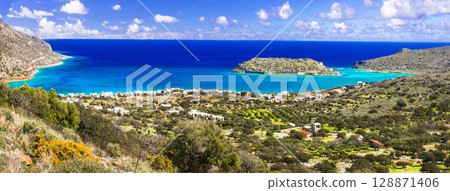 Greece. perfect summer destinations. Crete. View of Spinalonga island and  Plaka village . Scenic nature and beautiful beach scenery 128871406