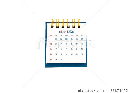 June 2026 blank desk calendar stand on white color background. 128871452