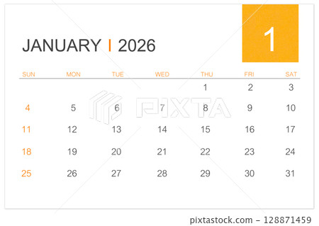 January calendar page for 2026 year isolated on white background, Save clipping path. 128871459