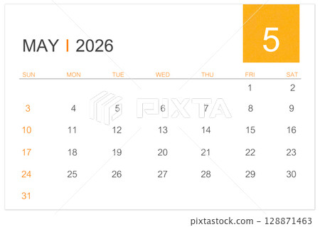 May calendar page for 2026 year isolated on white background, Save clipping path. 128871463