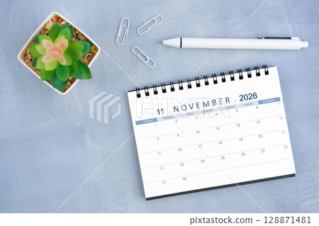 November 2026 desk calendar for 2026 and plant pot with pen on blue cement, Flat lay. 128871481