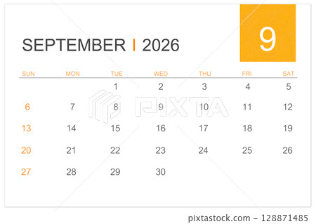 September calendar page for 2026 year isolated on white background, Save clipping path. 128871485