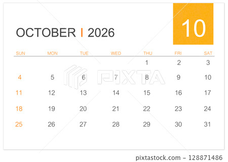 October calendar page for 2026 year isolated on white background, Save clipping path. 128871486