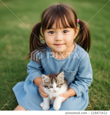 Portrait of a smiling girl hugging a kitten on the grass Animal Protection Week Cute kitten Japanese child 128871612