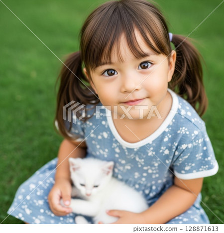 Portrait of a smiling girl hugging a kitten on the grass Animal Protection Week Cute kitten Japanese child 128871613