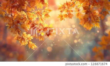 Autumn leaves illuminated by light 128871674