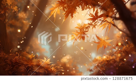 Autumn leaves illuminated by light 128871675