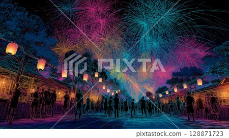 日本夏季節日，煙火和燈籠照亮夜空，熙熙攘攘的人群 128871723