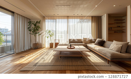 Modern Japanese-style living room interior filled with natural light 128871727