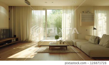 A simple and modern Japanese living room surrounded by soft light A simple and modern Japanese living room surrounded by soft light 128871728