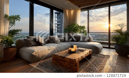 A modern living room on a high floor with evening light streaming in 128871729