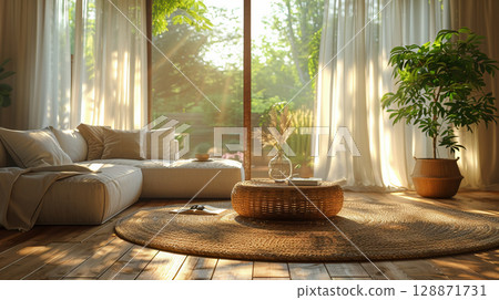 A natural living room with morning sunlight and plants 128871731
