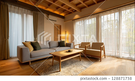 A bright, modern Japanese living room with natural material interior 128871738