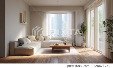 Bright and modern living room interior with skyscraper view Bright and modern living room interior with skyscraper view 128871739
