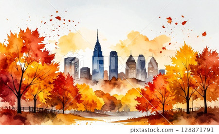 Watercolor landscape illustration of autumn leaves and cityscape 128871791