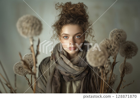 A woman with curly hair is posing in front of a bunch of flowers 128871870