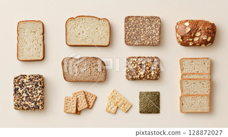 An assortment of diet breads including seed loaf on beige background 128872027