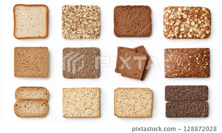 Assortment of diet breads including seed loaf, varieties displayed on white background 128872028