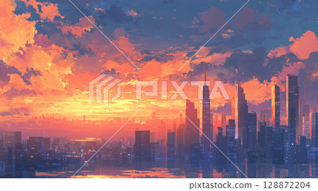 Fiery Sunset Skyline: Dramatic Twilight in the Big City 128872204