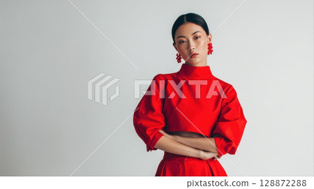 Fashion portraits of Asian women in bright red outfits posing against white backgrounds 128872288