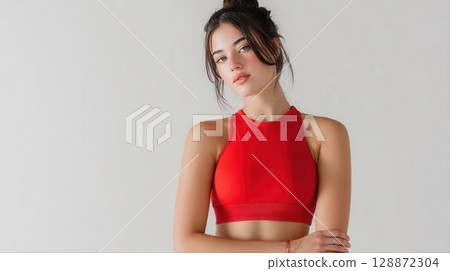Fashion portraits of Asian women in bright red outfits posing against white backgrounds 128872304