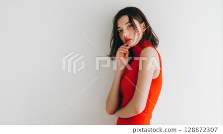 Fashion portraits of Asian women in bright red outfits posing against white backgrounds 128872307