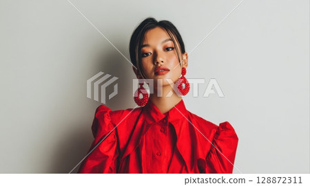 Fashion portraits of Asian women in bright red outfits posing against white backgrounds 128872311