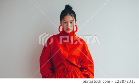 Fashion portraits of Asian women in bright red outfits posing against white backgrounds 128872313