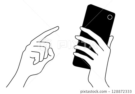 Vector illustration of a hand operating a smartphone facing backwards from the right 128872333