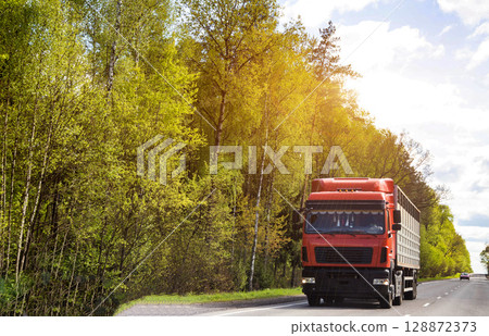 Truck with semi-trailer livestock transporting domestic animals to a farm against the background of forest and sky in summer. Copy space for text Truck with semi-trailer livestock transporting domestic animals to a farm against the background of forest and sky in summer. Copy space for text 128872373