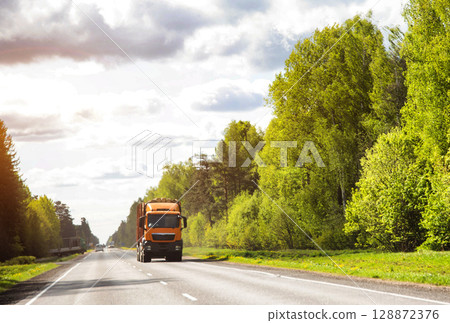 Modern new orange timber truck with semi-trailer on country road against forest and cloudy sky background. Copy space for text, industry 128872376