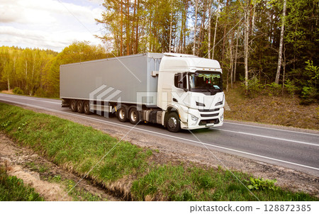 Modern truck transports cargo against the backdrop of forest and sun in summer, beautiful sky with clouds. Logistics company delivering cargo on international routes. Copy space for text. Freight 128872385