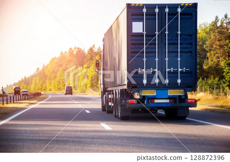 Container truck tractor transports sea container with cargo on asphalt road against forest and nature background. Copy space for text 128872396