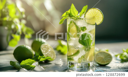 Iced summer drink with lime and mint in clear glass surrounded by fresh ingredients. Natural daylight, refreshing concept. 128872699