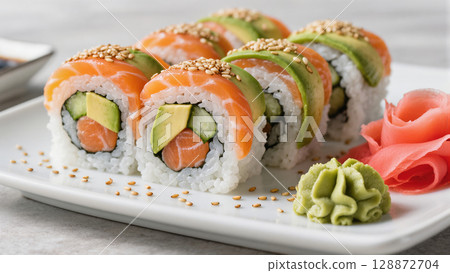 Salmon and avocado sushi rolls with cucumber, sesame, wasabi, and ginger on white plate. Fresh Japanese cuisine concept. 128872704