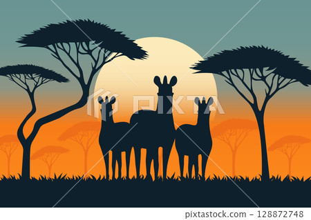 Zebras Silhouette in Savannah Vector Illustration. 128872748