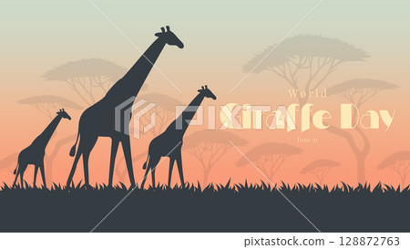 World Giraffe Day Poster with Silhouettes in African Savannah Vector. 128872763