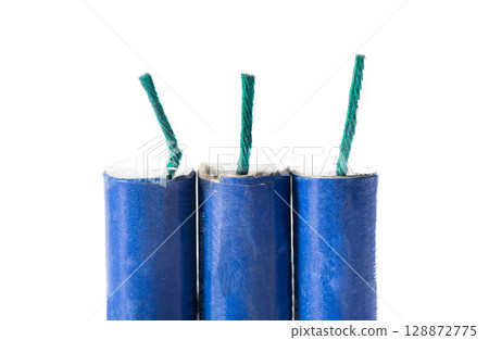 Three blue firecrackers with a wick, close-up. Safety concept for pyrotechnic explosions 128872775