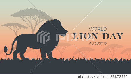 World Lion Day Poster with Silhouettes in African Savannah Vector. 128872781