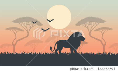 African Lion Silhouette at Sunset Vector Illustration. African Lion Silhouette at Sunset Vector Illustration. 128872791
