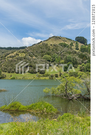 Lakeside view of Lake Tutira in Hawke's Bay, New Zealand Lakeside view of Lake Tutira in Hawke's Bay, New Zealand 128872815