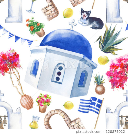 Watercolor seamless pattern with elements of Greece on a white background. Bright and sunny seamless background for wallpaper, wrapping paper, packaging, scrapbooking, textiles, booklets. Watercolor seamless pattern with elements of Greece on a white background. Bright and sunny seamless background for wallpaper, wrapping paper, packaging, scrapbooking, textiles, booklets. 128873022