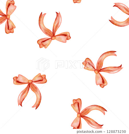 Hand drawn seamless pattern with cute watercolor orange ribbon bows. Trendy grandmillenial preppy design for birthday celebration party, girly nursery decor, lovely decoration greeting, love gift Hand drawn seamless pattern with cute watercolor orange ribbon bows. Trendy grandmillenial preppy design for birthday celebration party, girly nursery decor, lovely decoration greeting, love gift 128873230